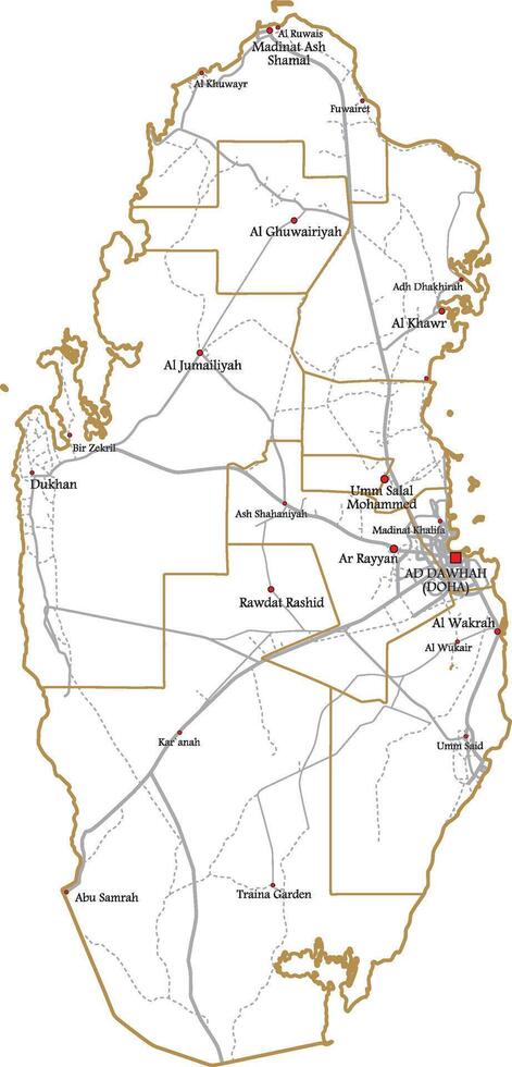 contour white map of the State of Qatar. With big cities and region borders and roads. Republic symbol. vector