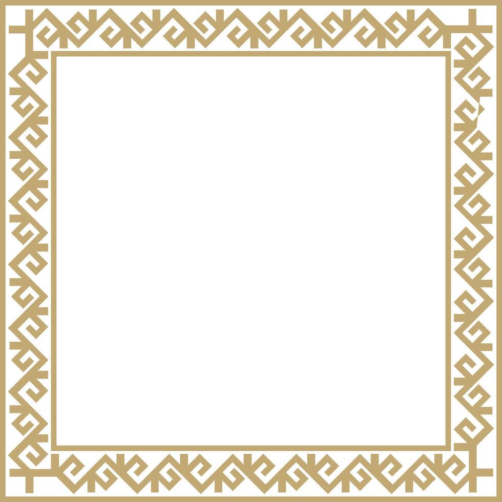 golden square Kazakh national ornament. Ethnic pattern of the peoples of the Great Steppe, Mongols, Kyrgyz, Kalmyks, Buryats. Square frame border. vector