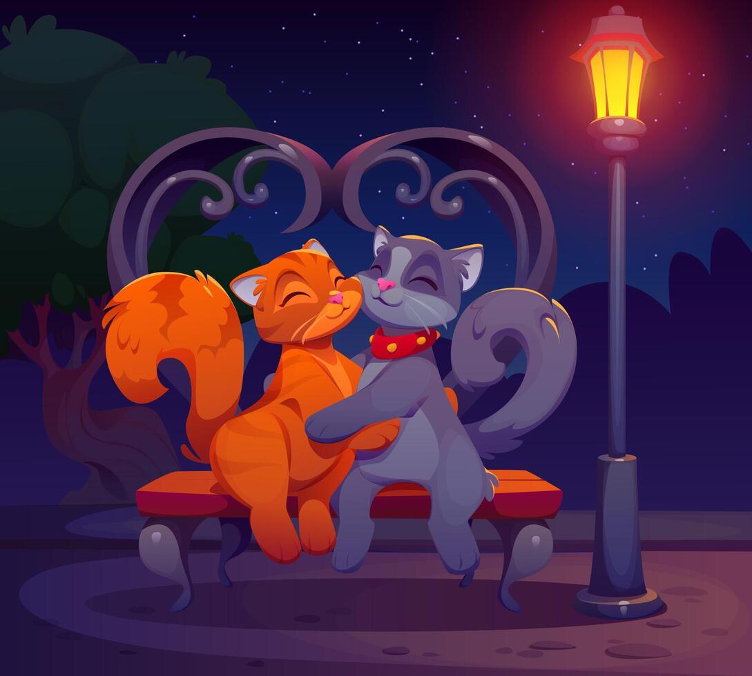 Valentine day cats couple cuddling on a park bench vector