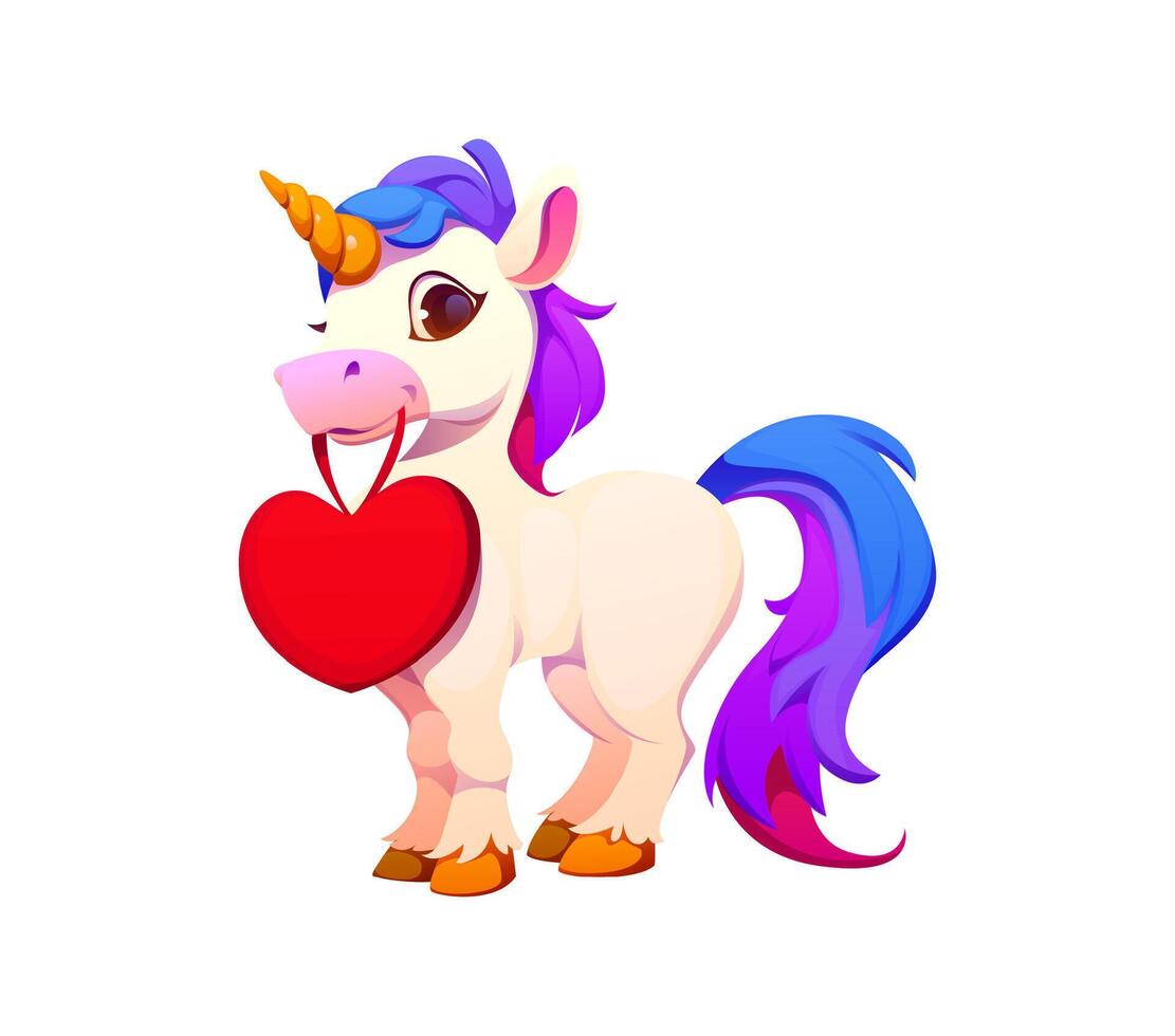 Cute cartoon unicorn character holds a red heart vector