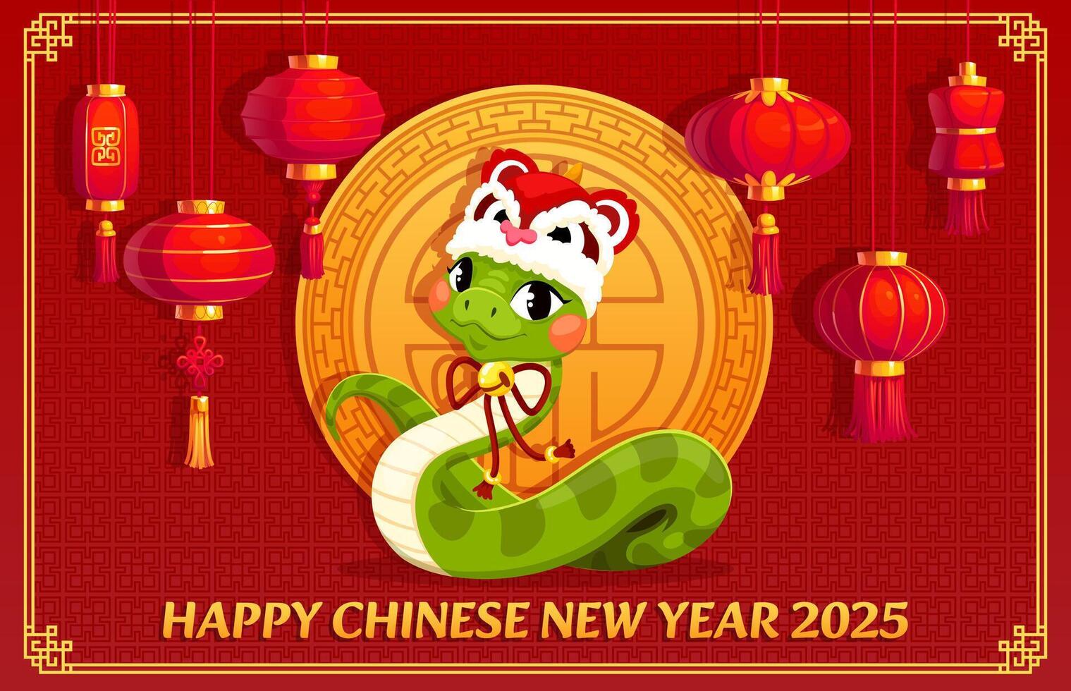 Funny snake with red Chinese lanterns, lunar year vector