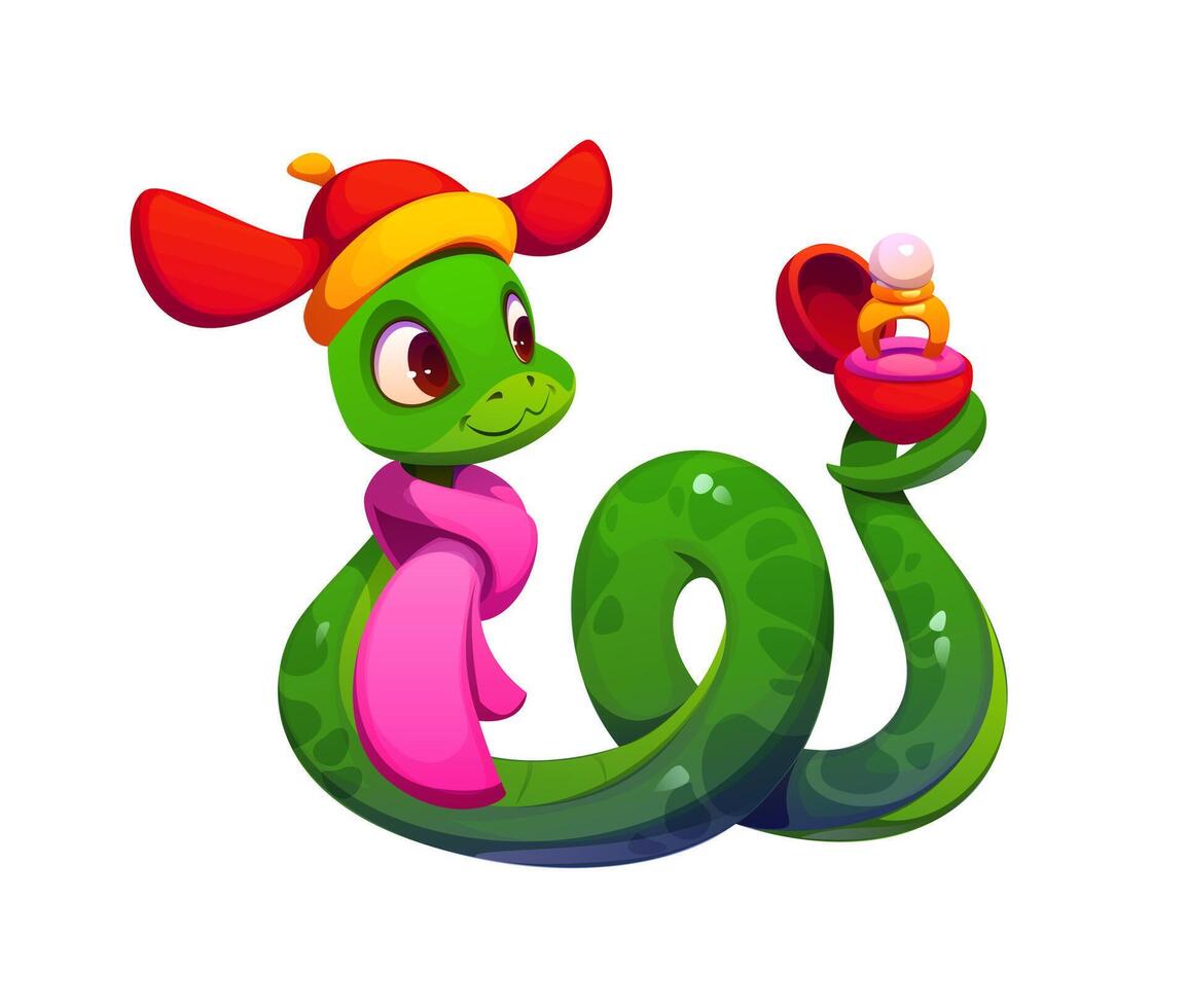 Cartoon Asian green snake presenting a ring box vector