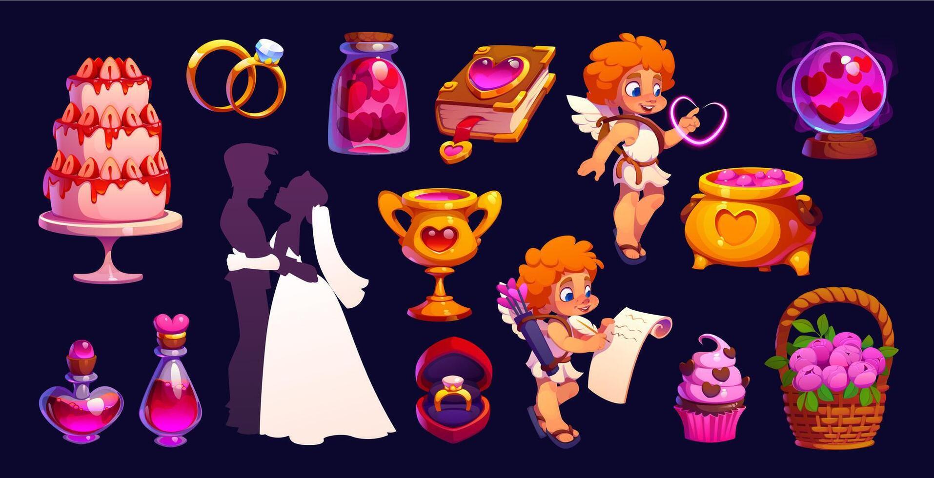Valentine day characters and love wedding symbols vector