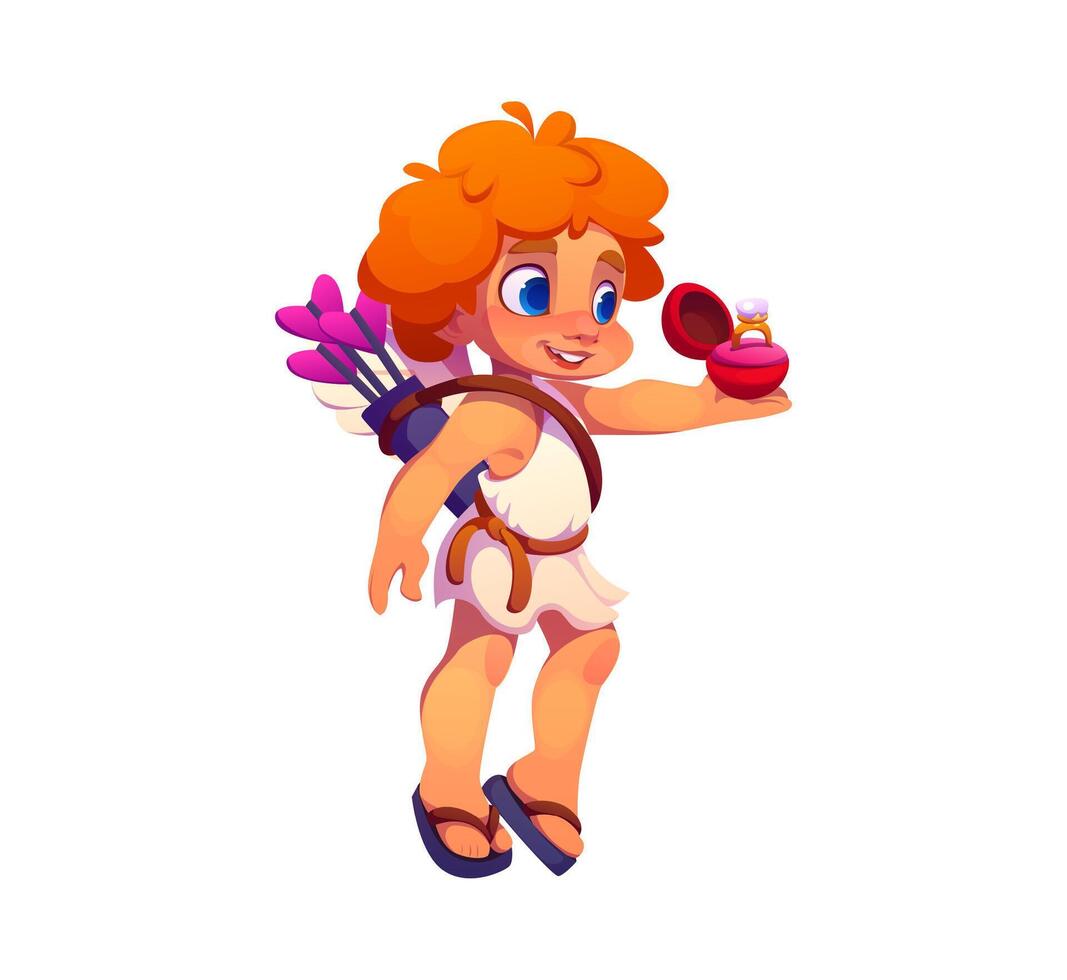 Cartoon valentine cherub holding open red ring box vector