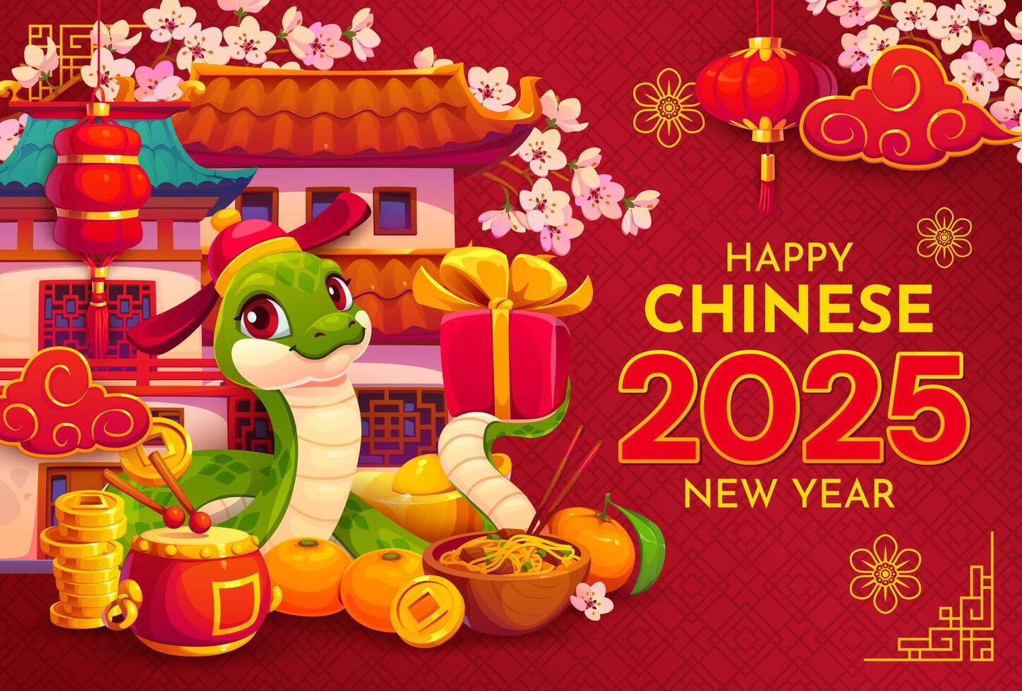Happy Chinese New Year with cherry blossom, snake vector