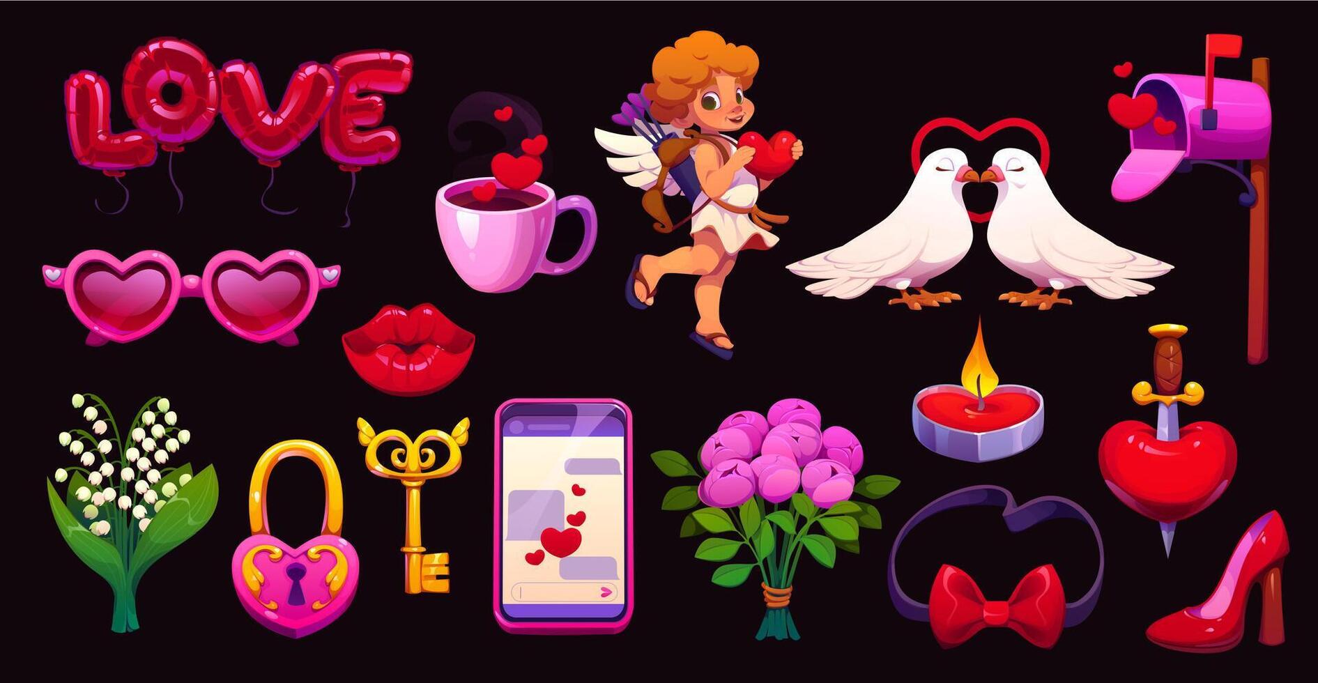 Cartoon Valentine day holiday symbols, characters vector