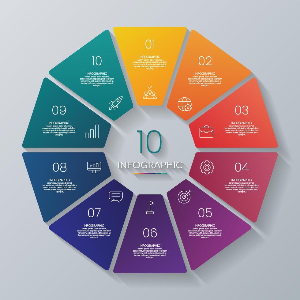 Circle shape infographic chart template with 10 options. vector