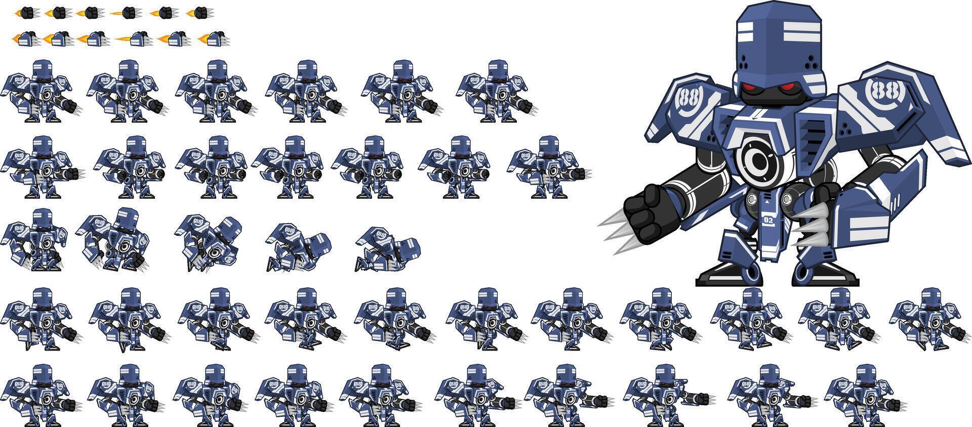 Big Blue Mech Robot Animated Game Character Sprite vector