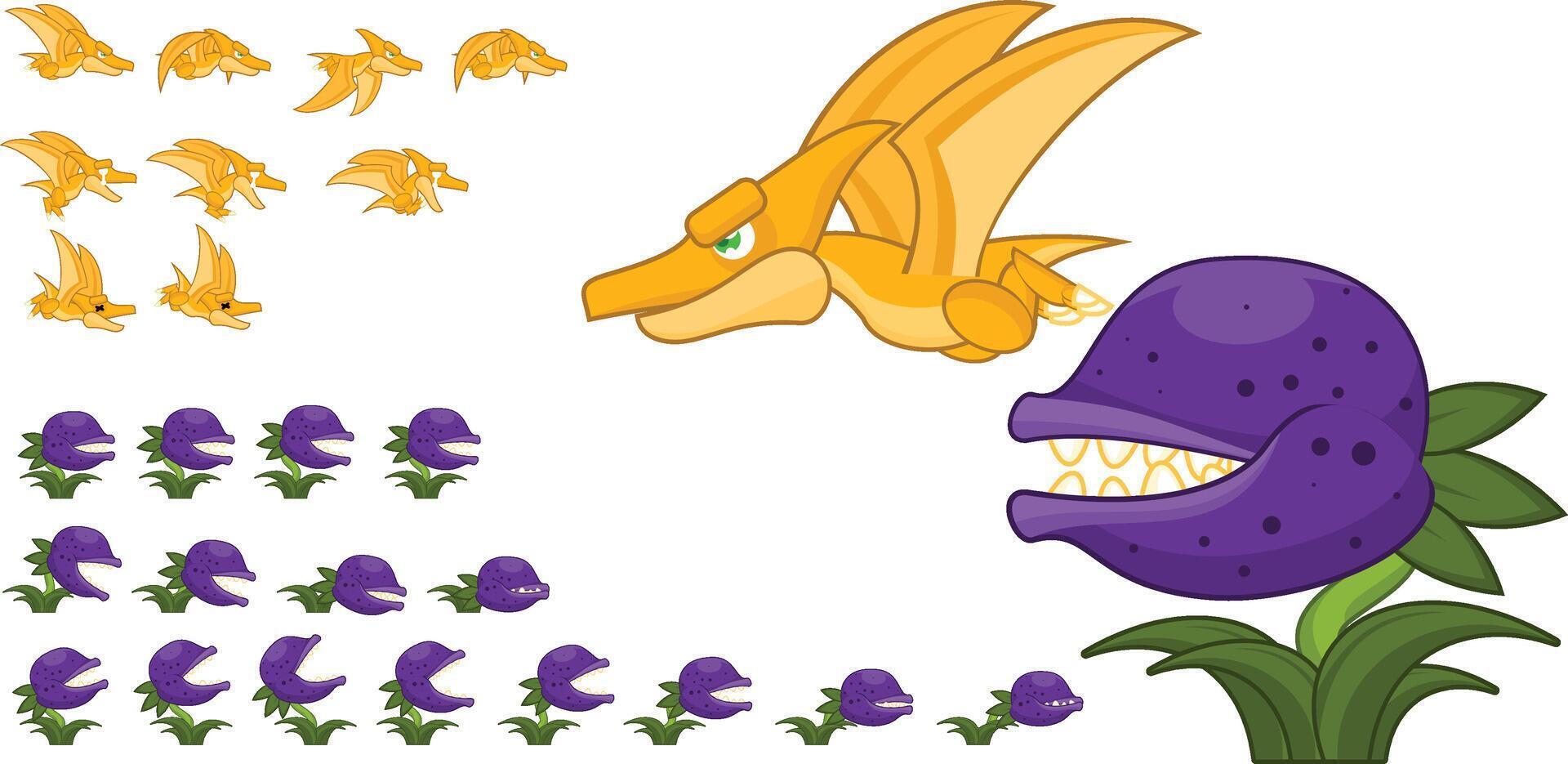 Pterodactyl and Plant Carnivore Monster Animated Character Game Sprite vector