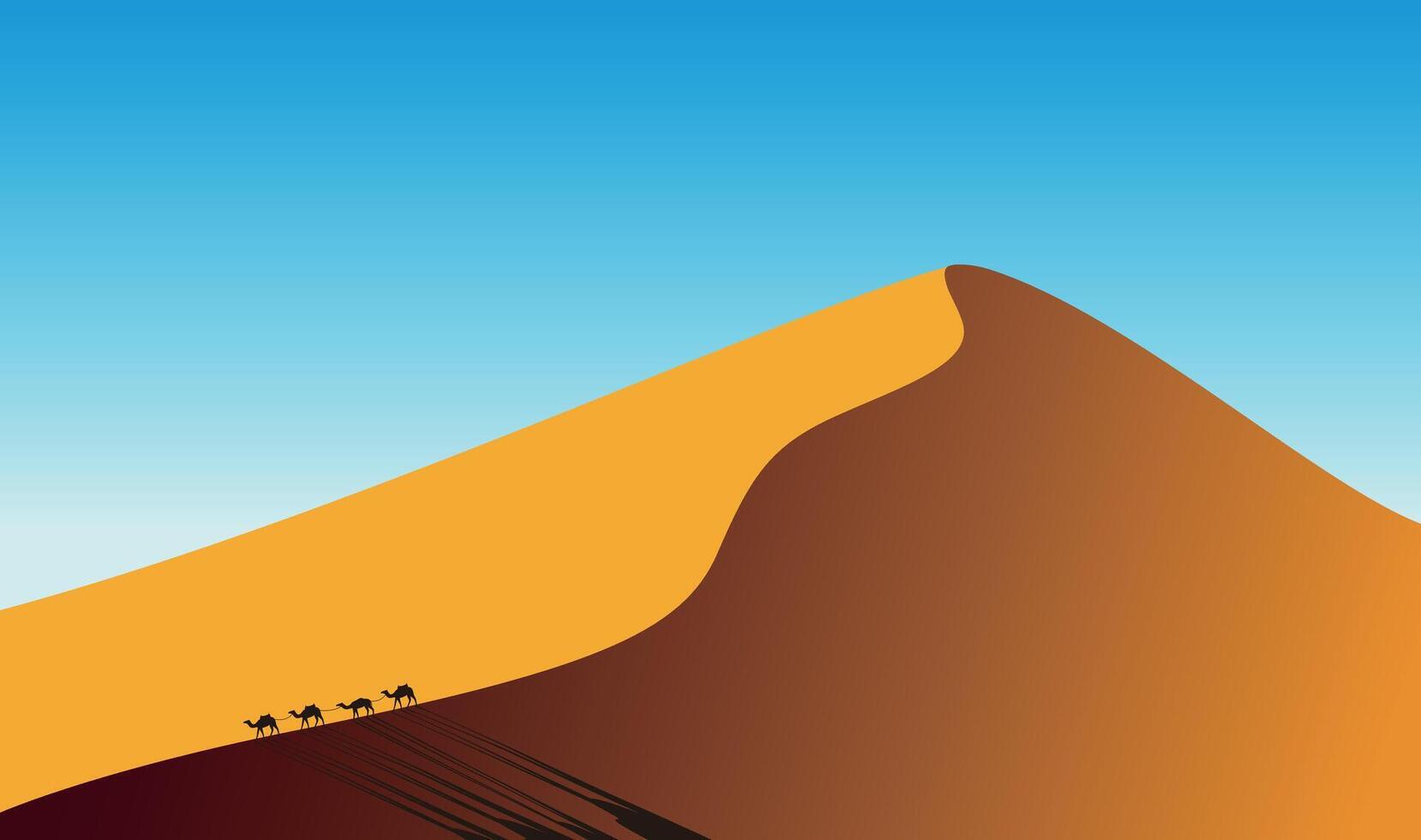 desert landscape on the sunset and camels walking on the dunes, illustration vector