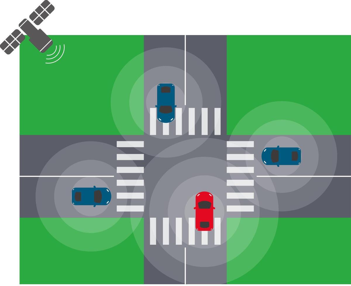 Autonomous car with satellite, top view. Self driving vehicle. vector