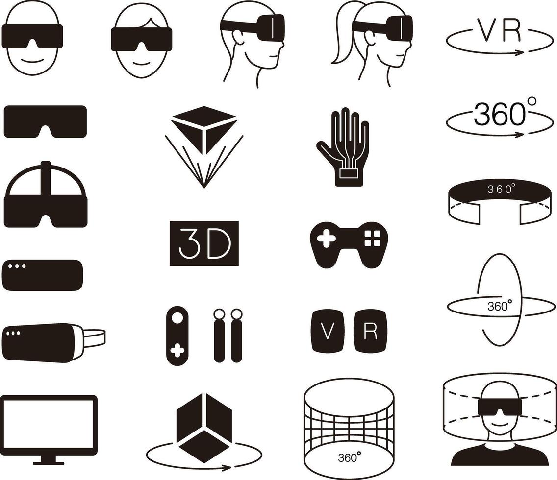 Virtual reality black icon set, illustrator vector
