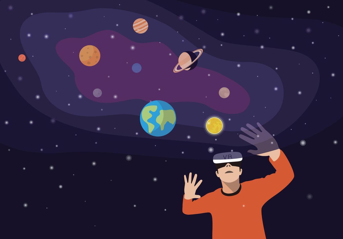 man wearing VR glasses and touching the screen. Solar System with Planets vector