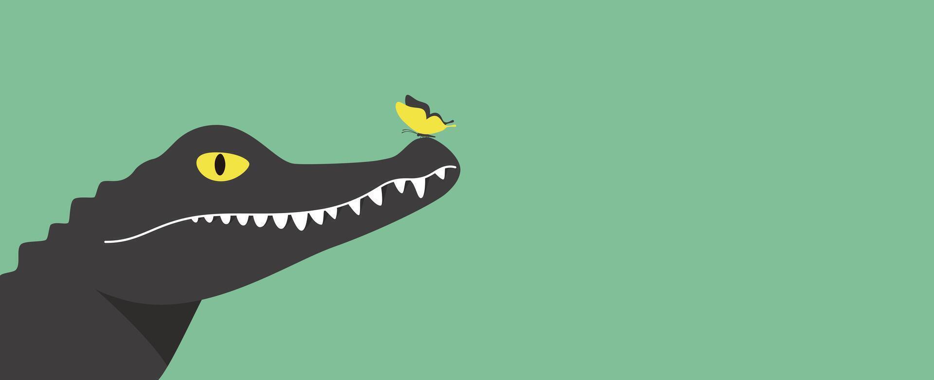 The butterfly stands on the crocodile's nose, illustration vector