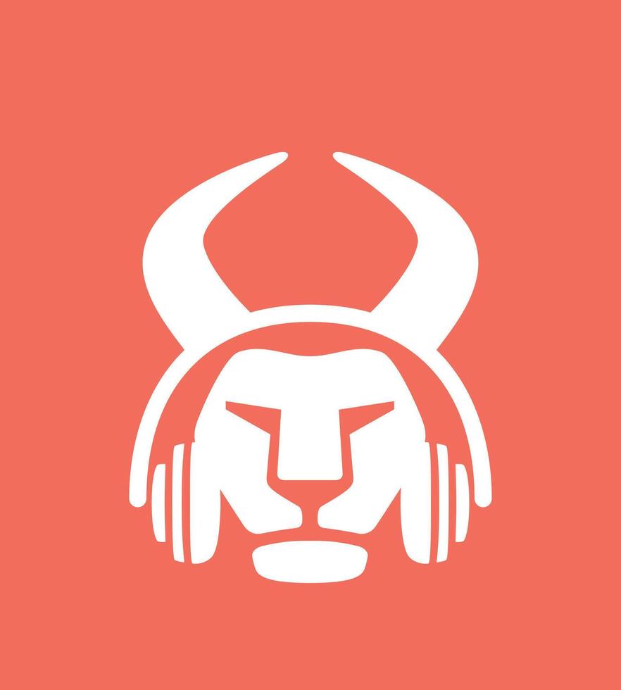 Cartoon Lion wearing a Bull's headset, enjoy the music, vector