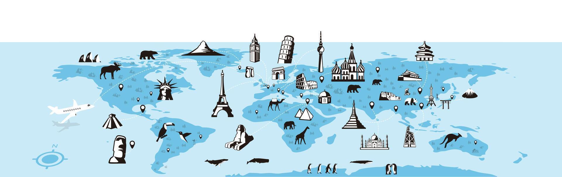 Landmark and animal map of the world, illustration vector