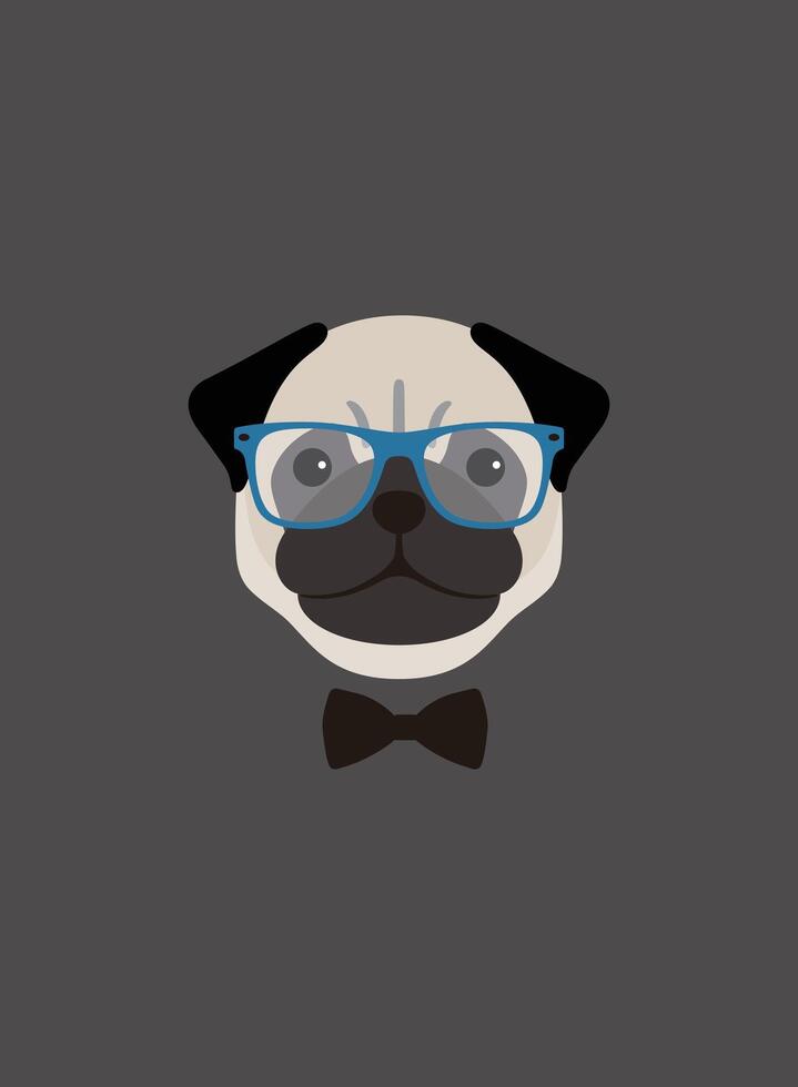 Portrait of pug dog, wearing glasses and bow tie, like a teacher, cool style vector