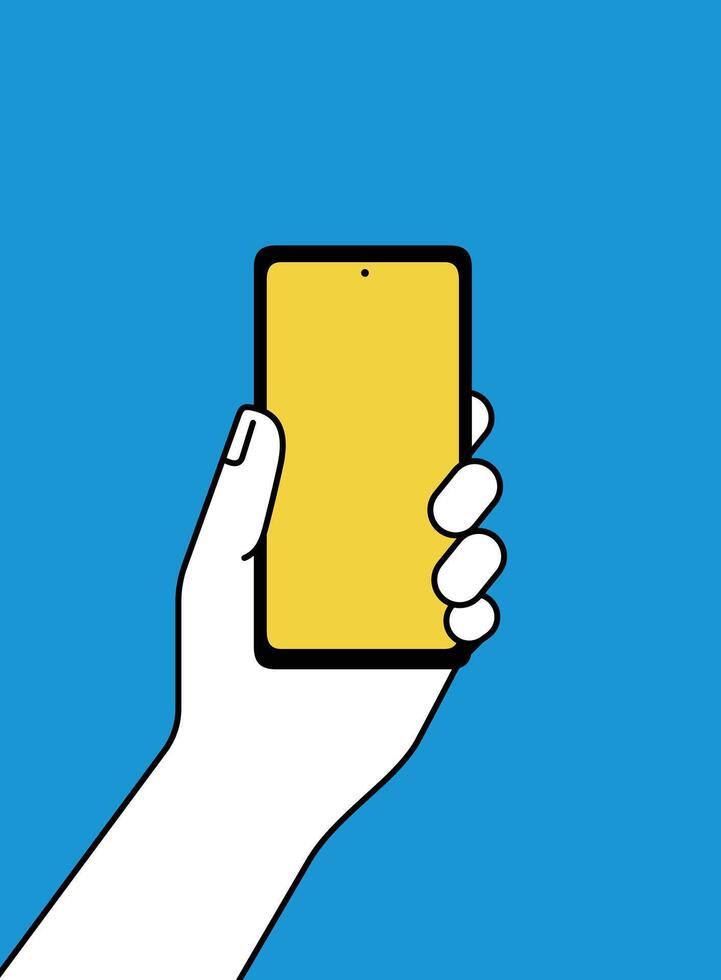 Hand holding mobile smart phone, blank screen on blue background vector
