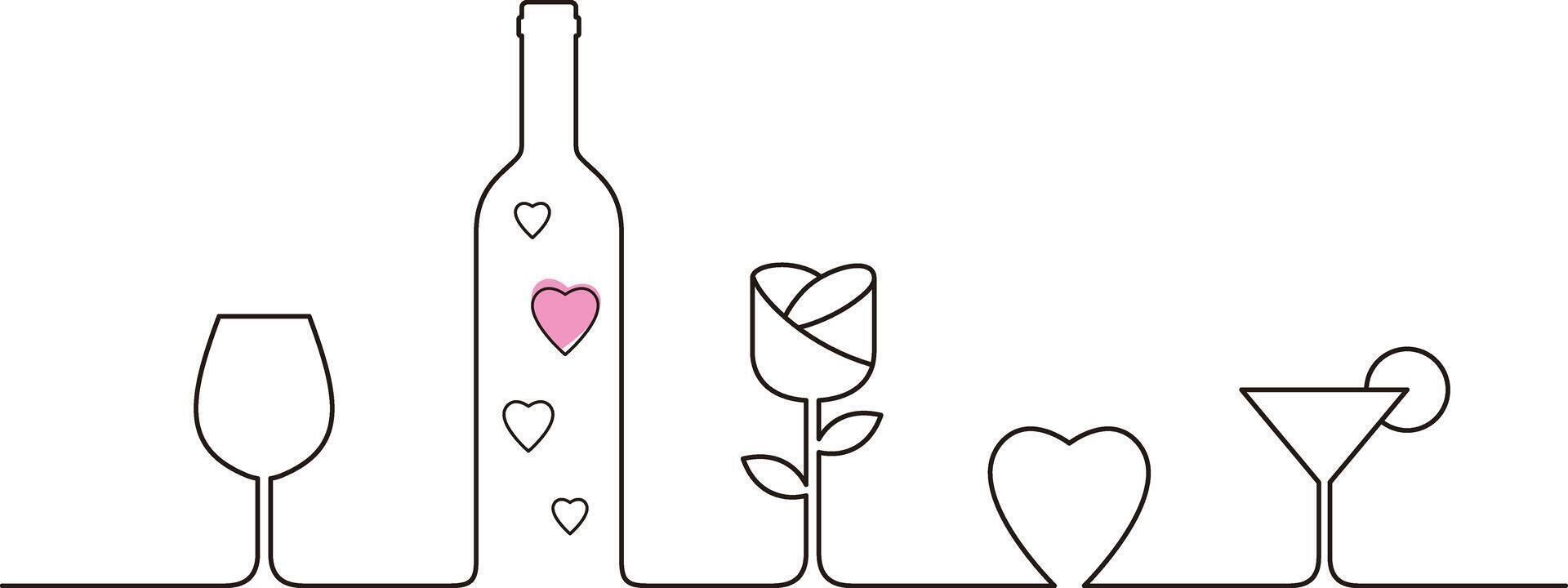 Linear style design for Valentines Day with wine glasses, rose and heart shaped, vector