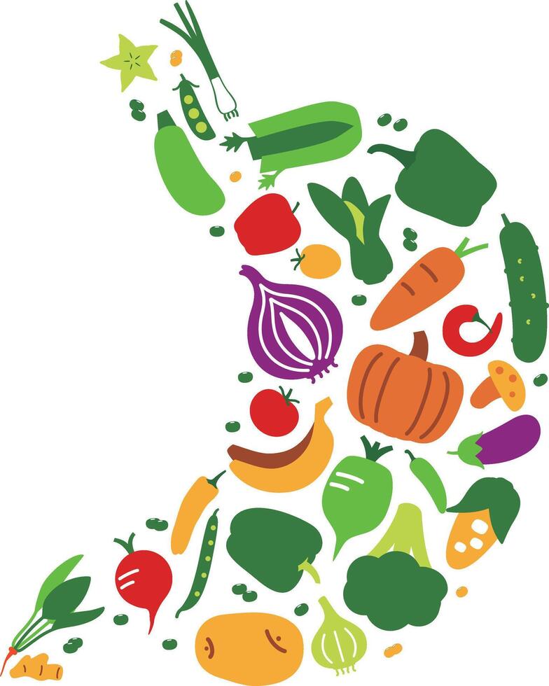 Vegetables and fruit icon set in stomach shape, illustration vector