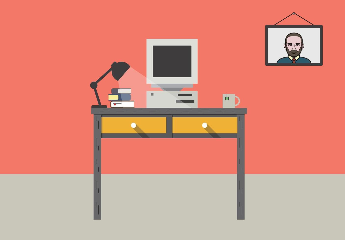 Old working place, desk with old computer and other things, illustration vector