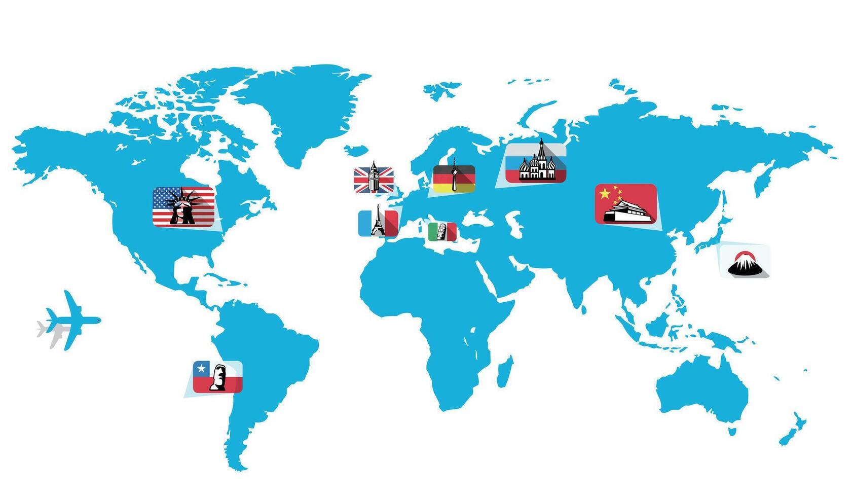 Landmark and national flag map of the world illustration vector