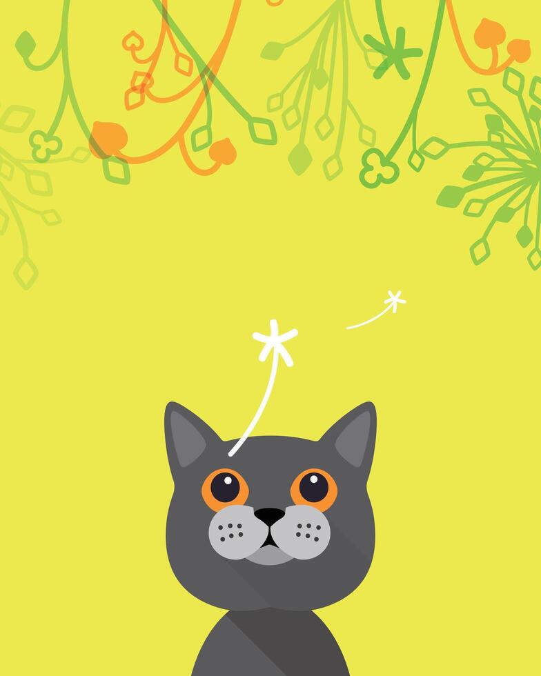 Cat looking up the flower and dandelion, cartoon vector