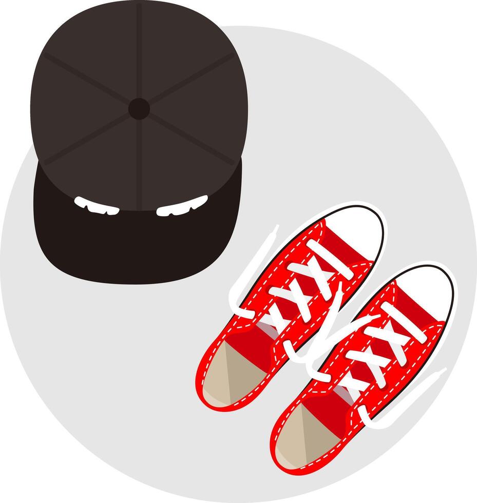 Cap and sneaker on the desk, top view, illustration vector