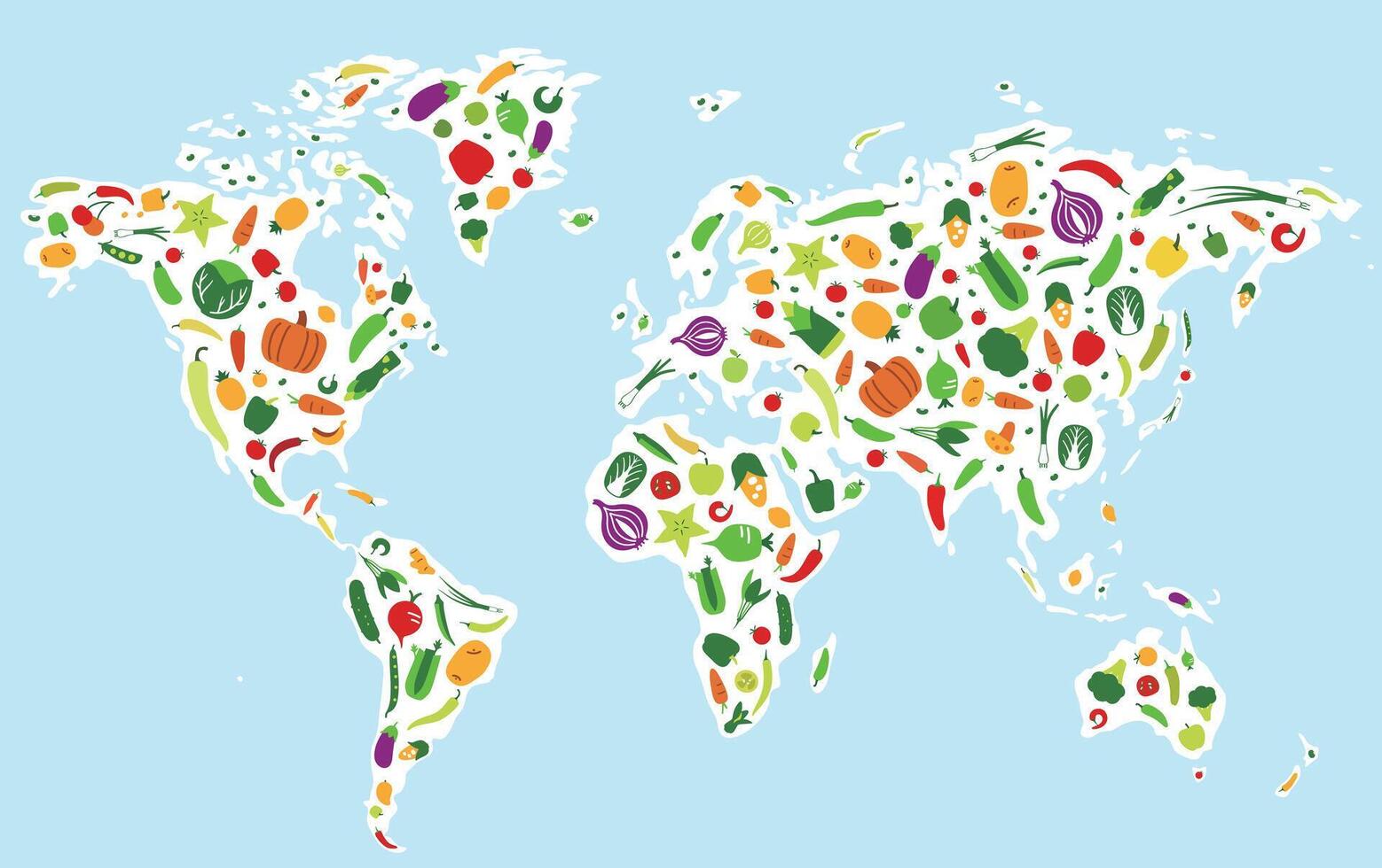 Vegetables and fruit icons in the map of the world, illustration vector