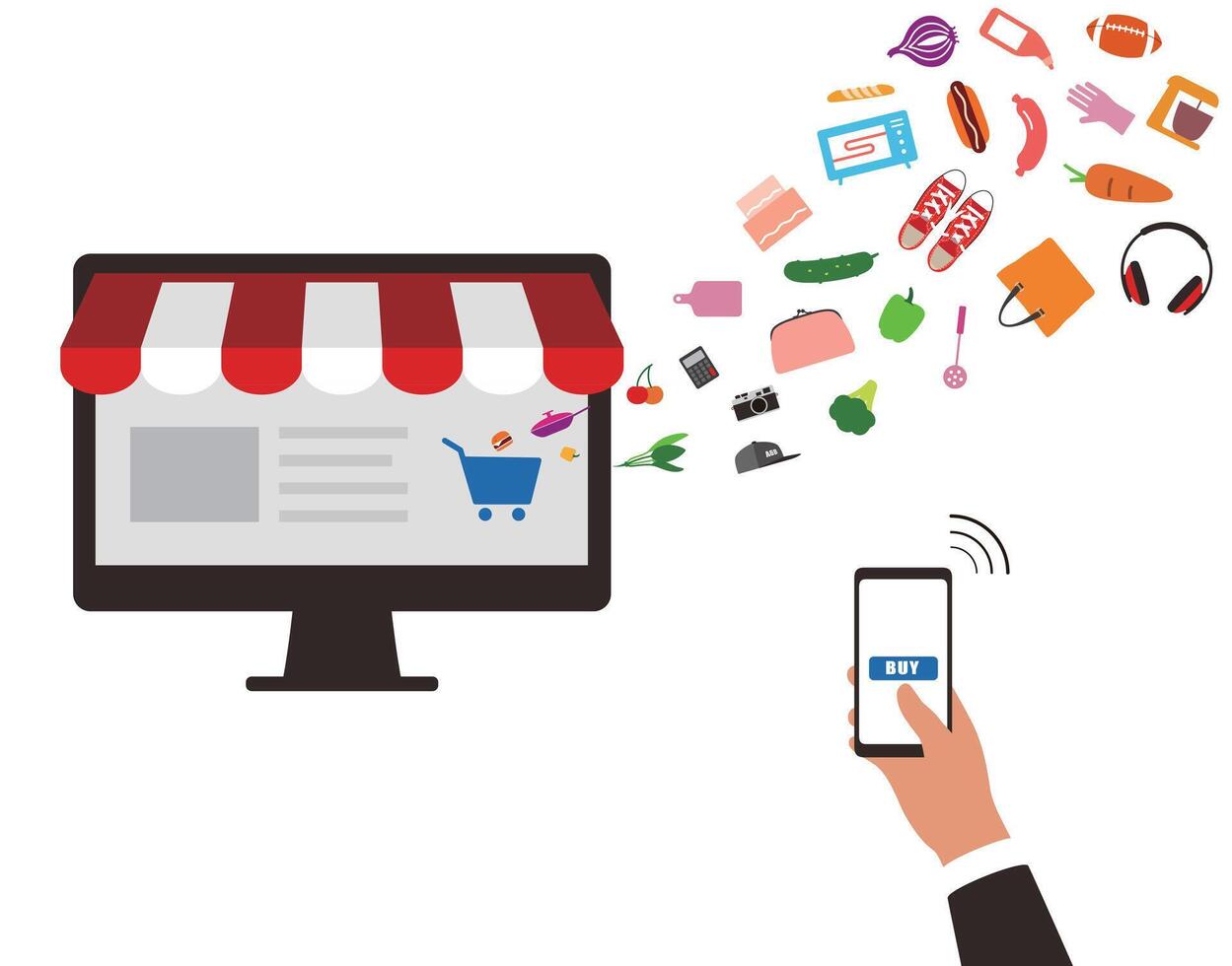 Concept of purchasing product at internet, mobile shopping. Buy Online, illustration vector