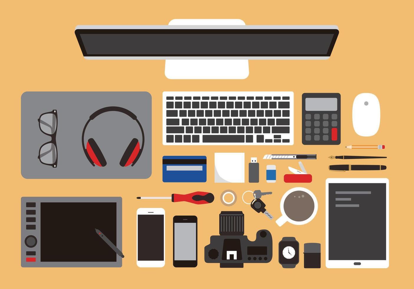 desk with computer and other things, illustration vector