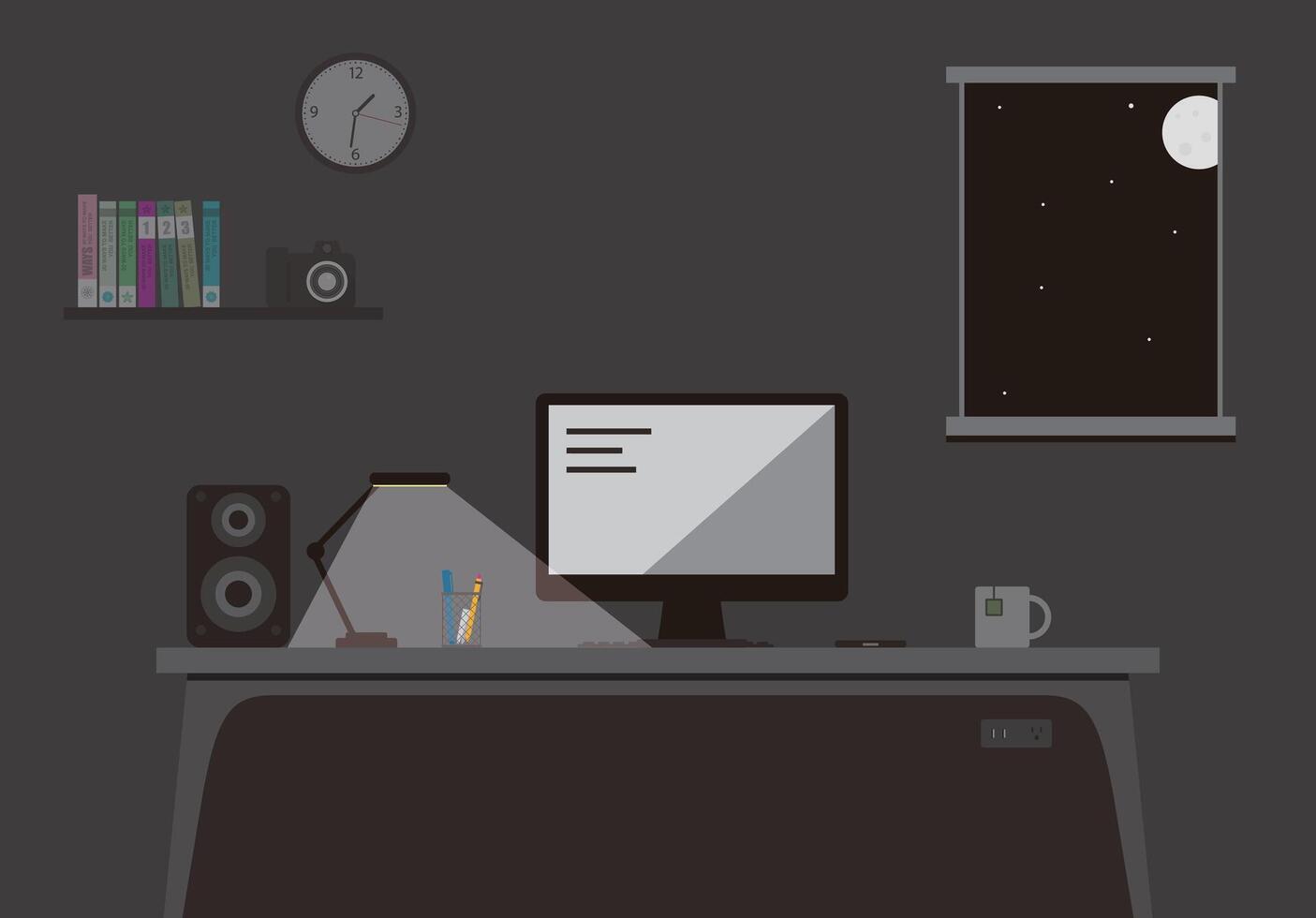night office place, computer on the desk flat design, illustration vector