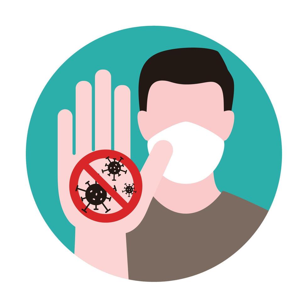 Man wearing a mask to protect him from the new coronavirus, stop sign vector