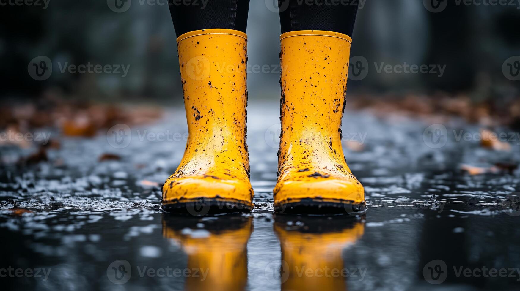 A pair of yellow rain boots, covered in mud, standing on the muddy ground. photo