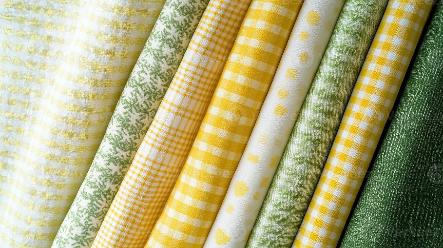A set of yellow and green gingham fabric featuring patterns. photo