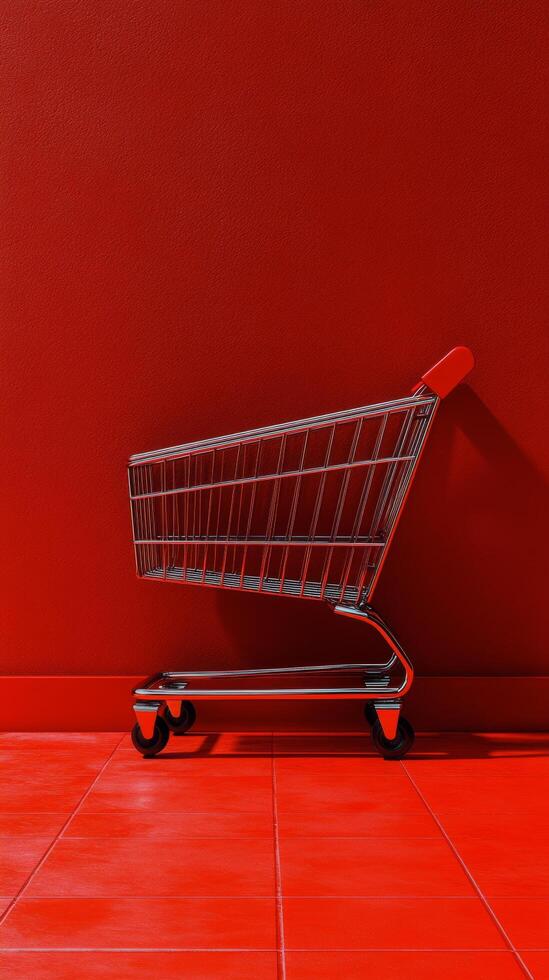Empty shopping cart against a vibrant red background in a minimalistic setting photo