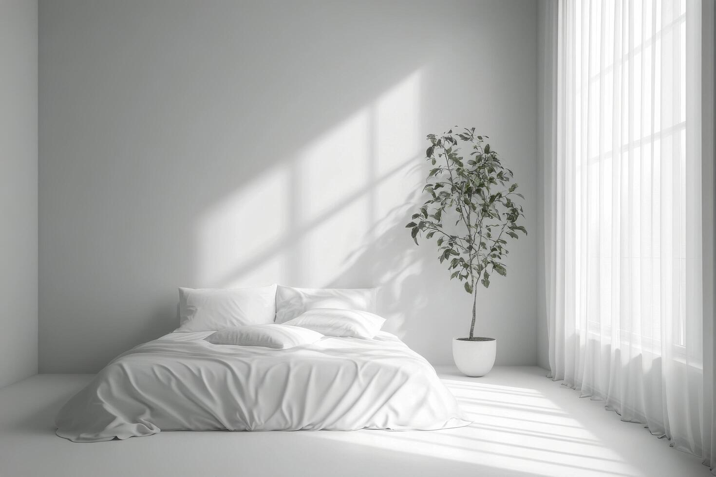 Bright and airy bedroom with white bedding and sunlight filtering through large windows photo