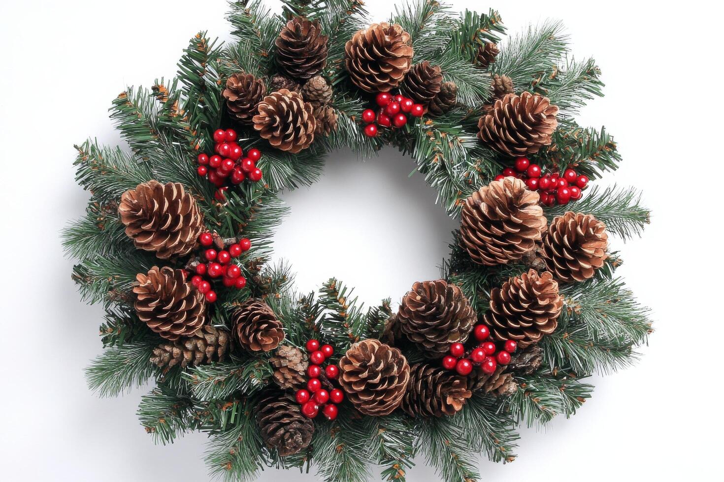Holiday wreath decorated with pinecones and berries on white background photo