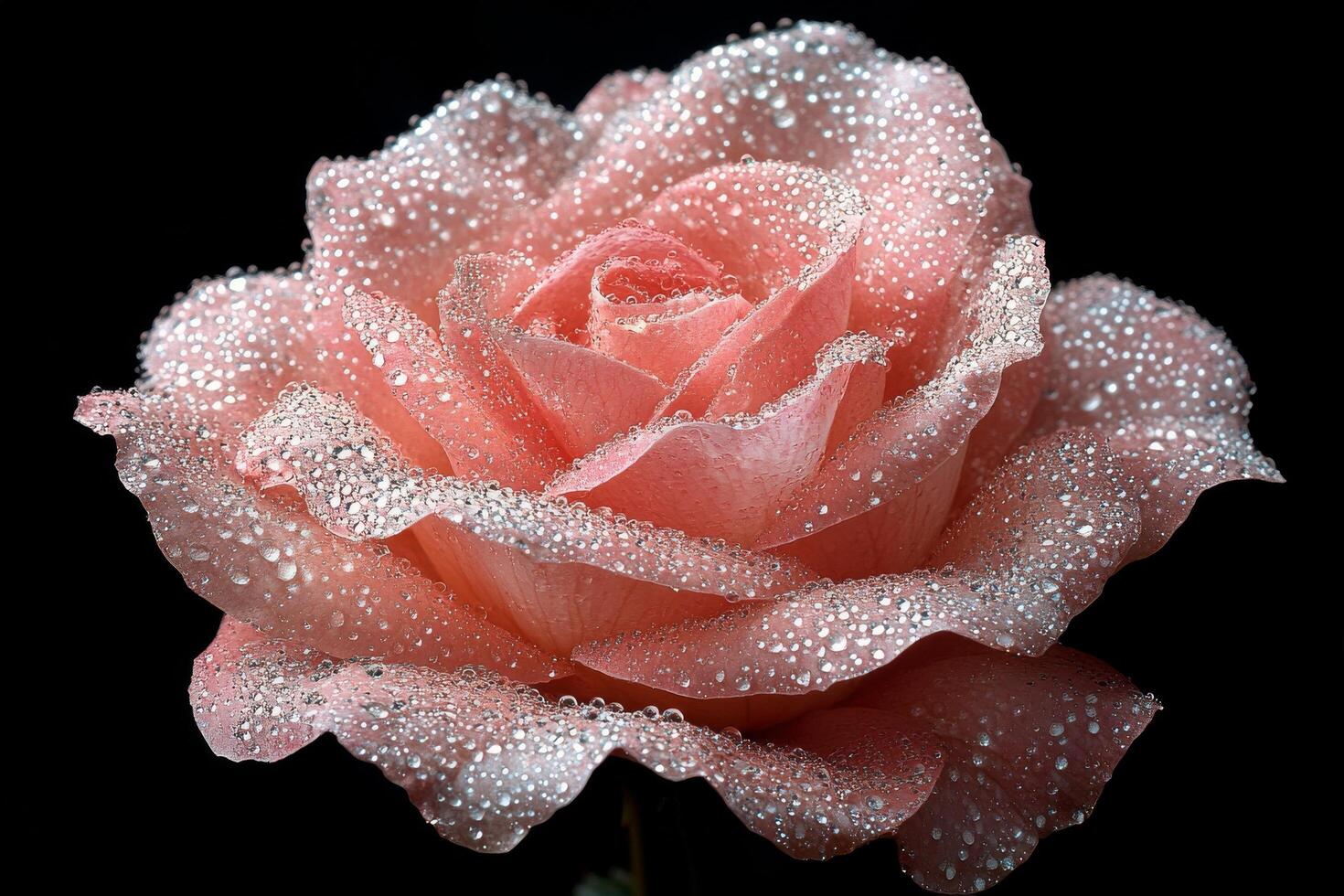 Beautiful pink rose with dew drops glistening in the light against a black background photo