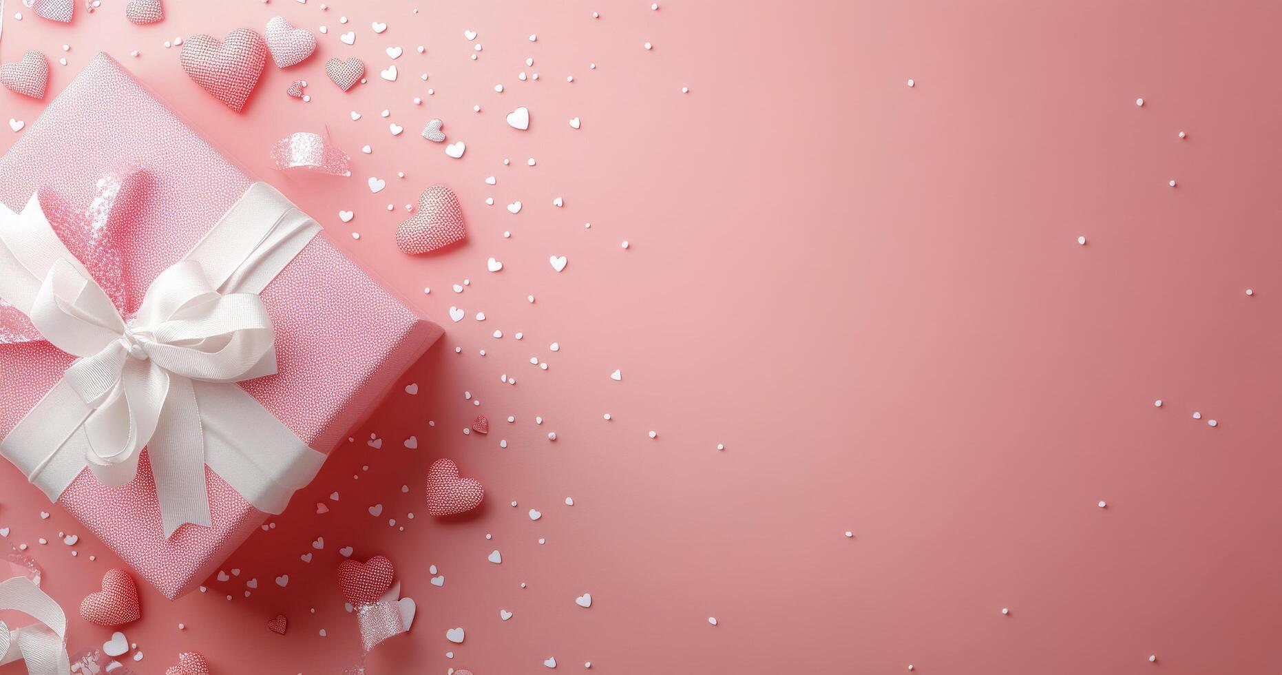 Gift box wrapped in pink paper with heart pattern and white ribbon on a pink background photo