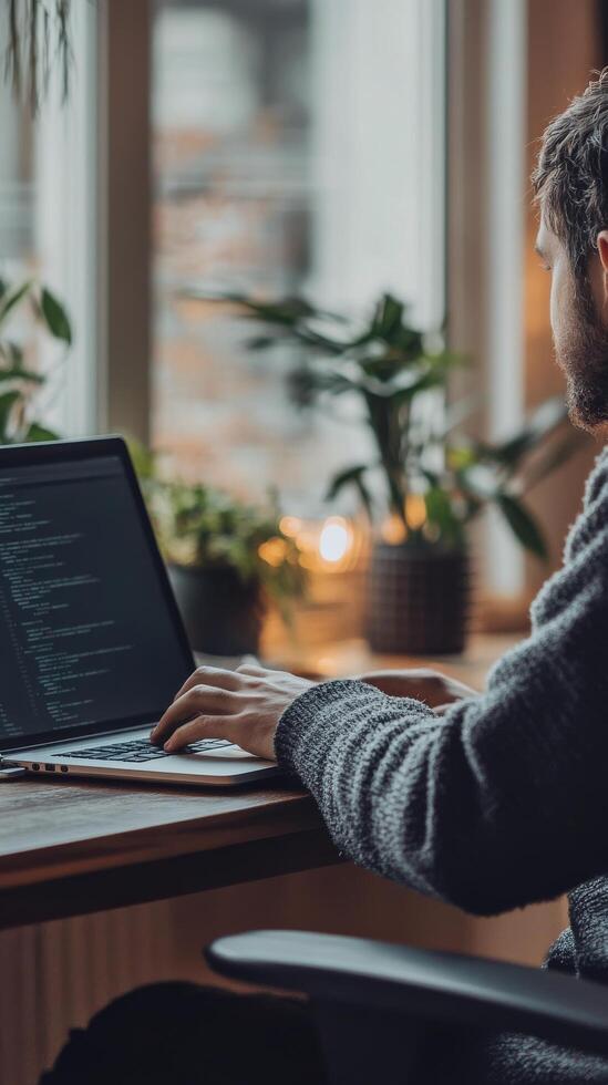 Focused individual working on laptop in cozy indoor space with plants and warm lighting photo