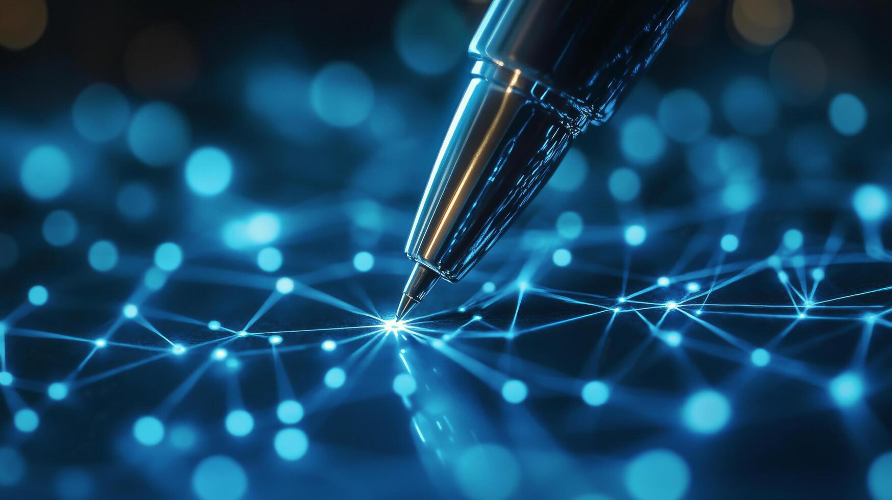 Writing with a futuristic pen on a glowing blue surface with interconnected nodes and lines photo