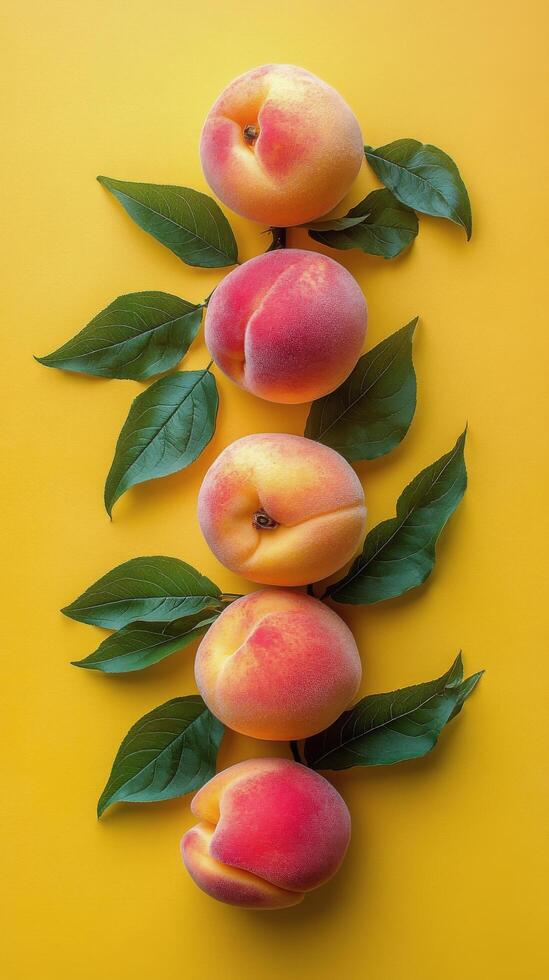 Vibrant peaches arranged with green leaves on a bright yellow background in a modern aesthetic display photo