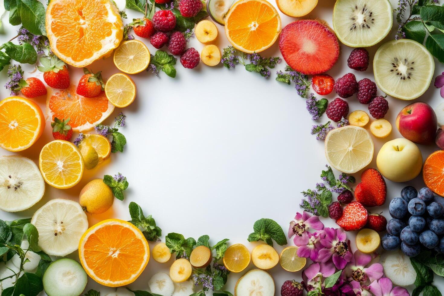 Colorful array of fresh fruits and vegetables arranged artistically on a textured surface photo
