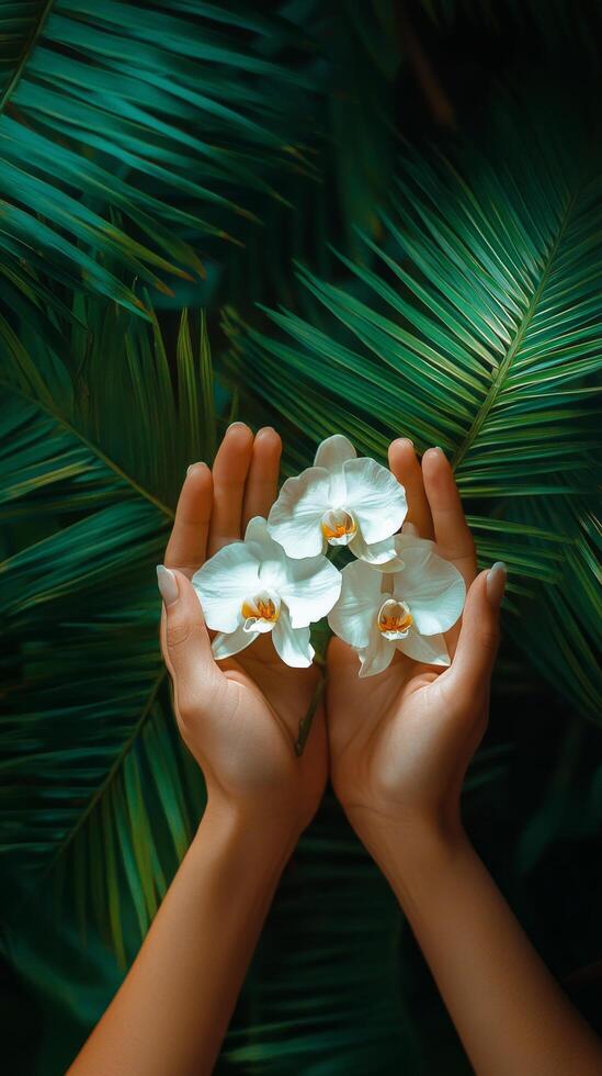 Hands gently holding white orchids against a backdrop of vibrant green palm leaves photo