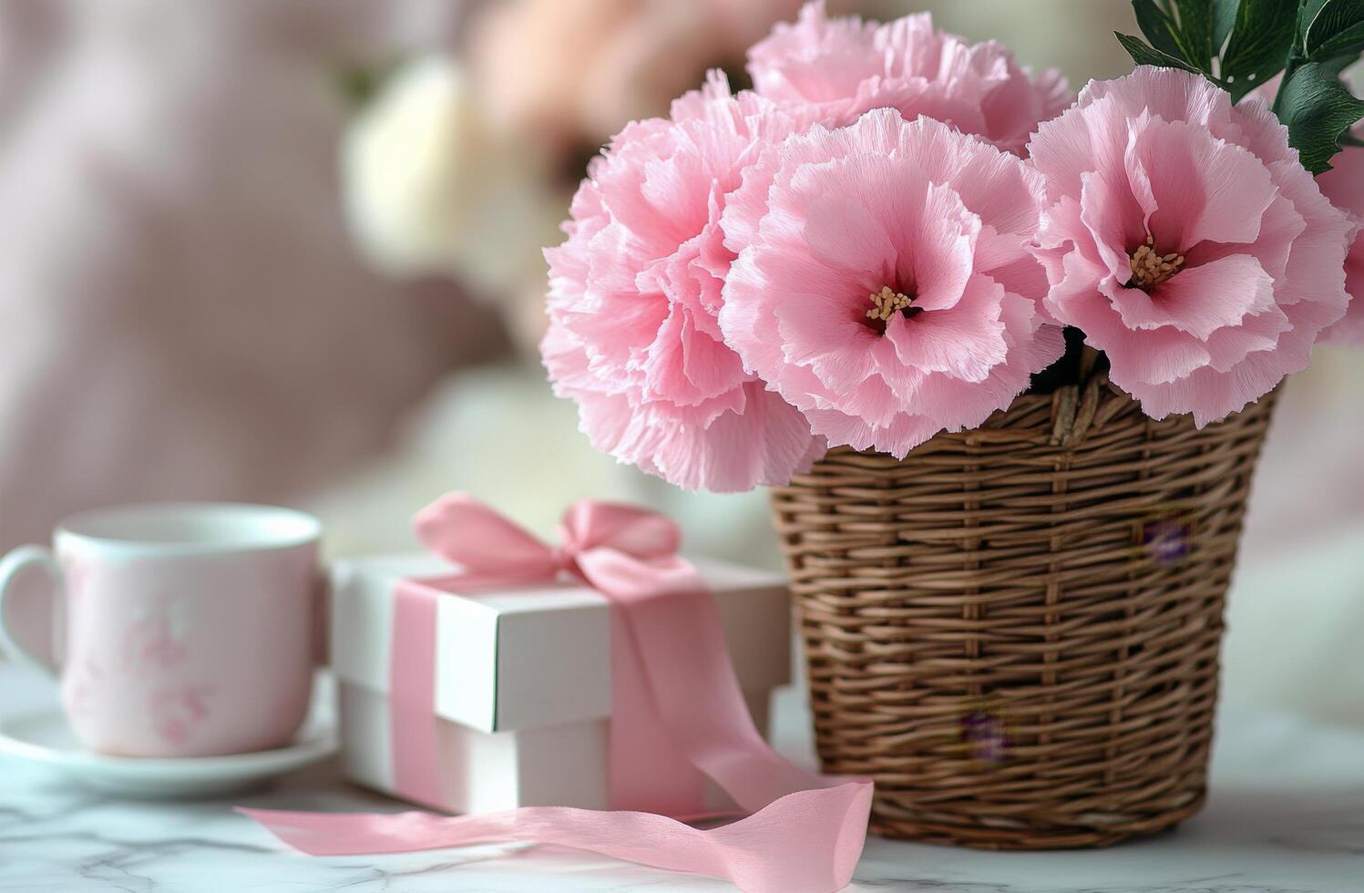 Beautiful pink flowers in a woven basket with a gift box on a table setting photo