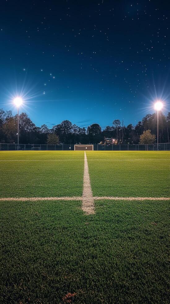 Nighttime view of a well-lit soccer field with bright stadium lights and clear sky photo