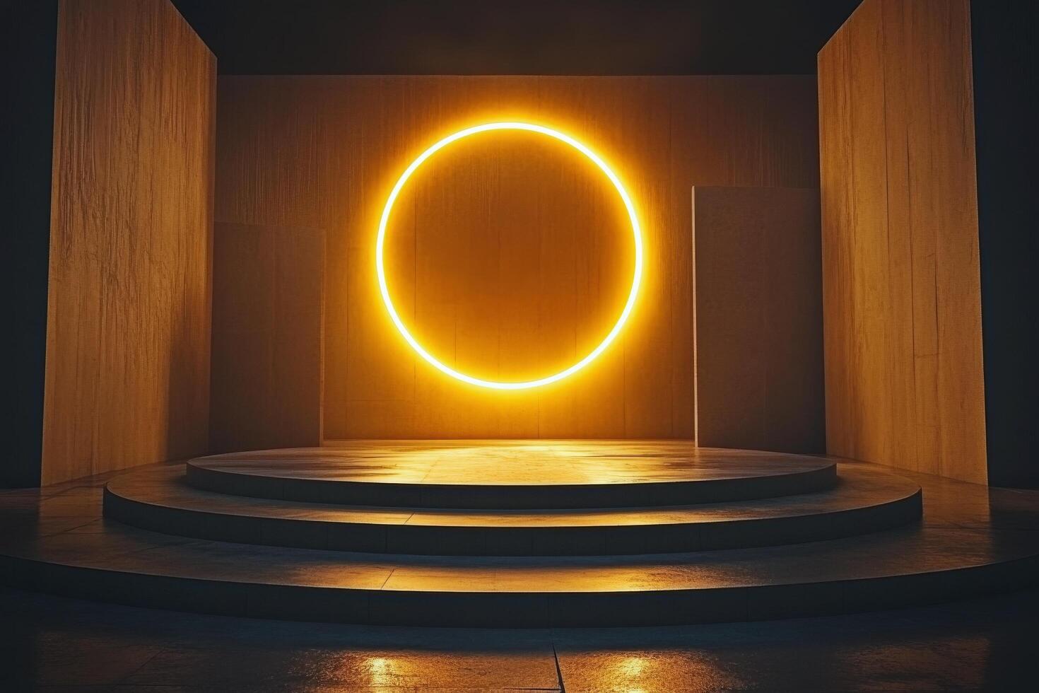 Illuminated stage with circular design at modern theater venue during evening performance setup photo