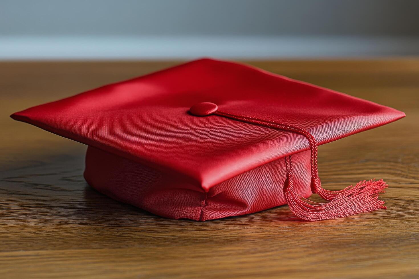 Graduation cap resting on a wooden table near a window with natural light photo