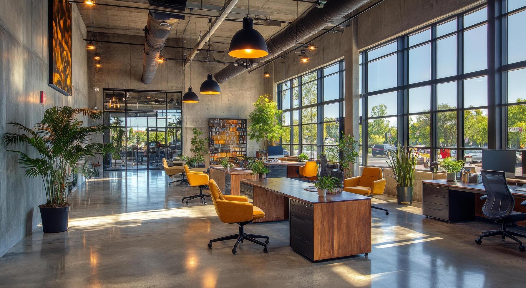 Modern open office space with vibrant decor and natural lighting during the day photo